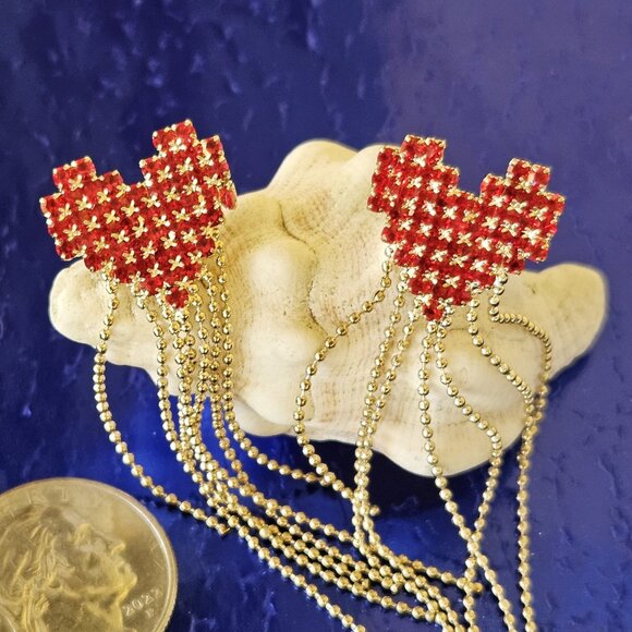 ❤️✨Push-Back Post RED STONES❤️✨HEART Dangling Tassel Earrings❤️✨ - Picture 7 of 11